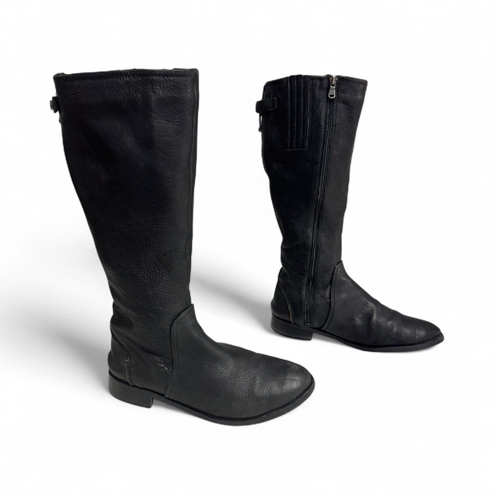 FABIANELLI BLACK LEATHER TALL BOOTS ZIPPER BUCKLE DETAIL WOMENS SIZE 40